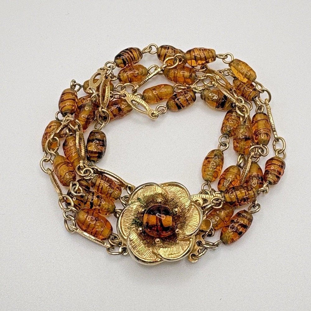 Vintage Art Glass Bracelet Multi Strand Flower Clasp Gorgeous!